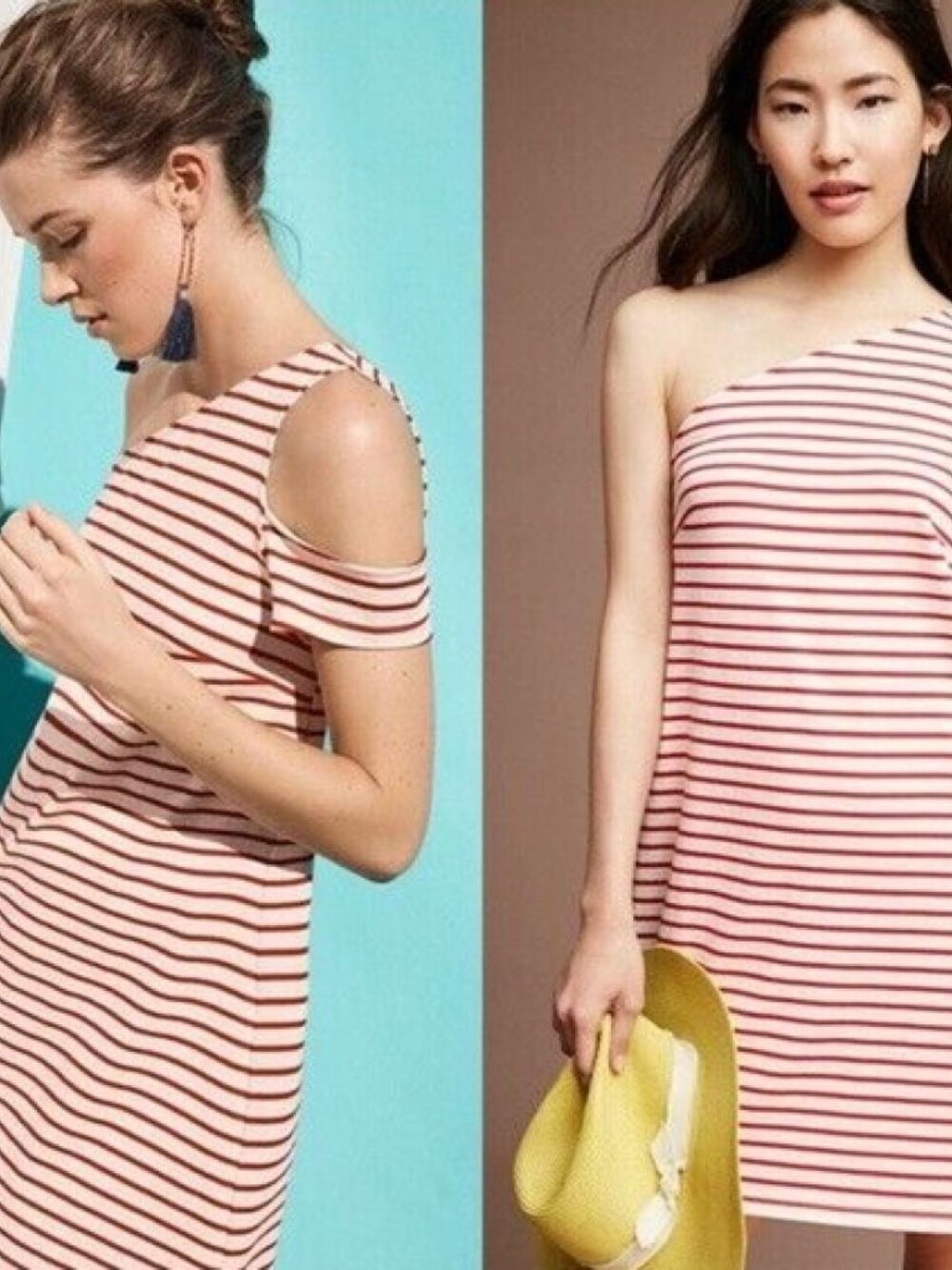 Anthropologie Maeve Red and White Striped Asymmetric One-Shoulder Dress